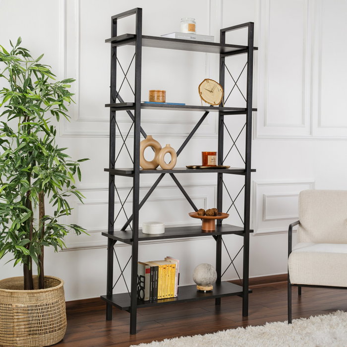 Nordure Estantería Wood Black, Negro - Tablero Melamina y Metal, 90x180x33.5 cm